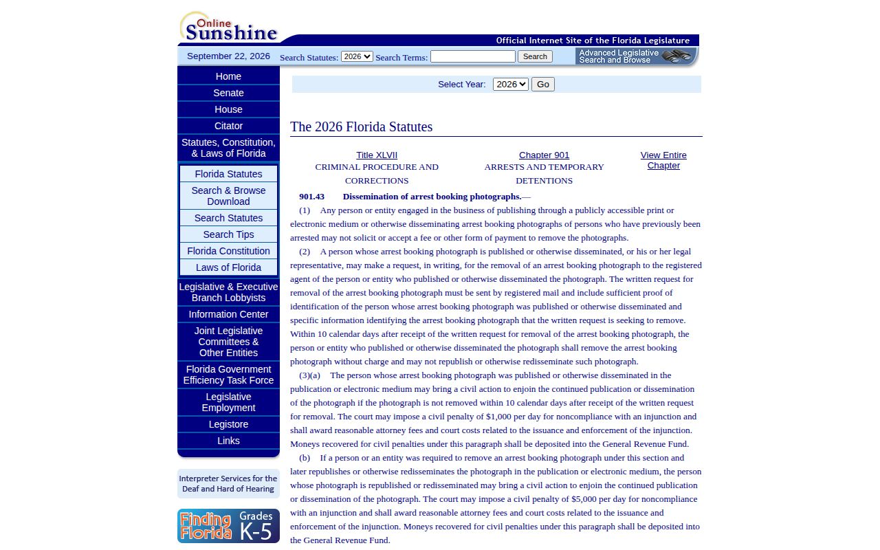 Florida Statutes section 901.43 on commercial arrest booking photo publication