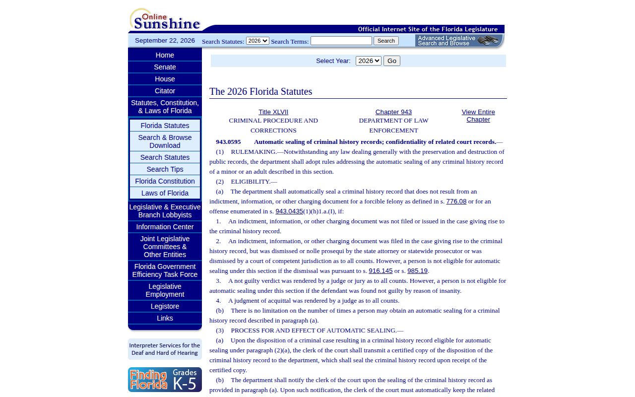 Florida statute conditions for automatic sealing of arrest records
