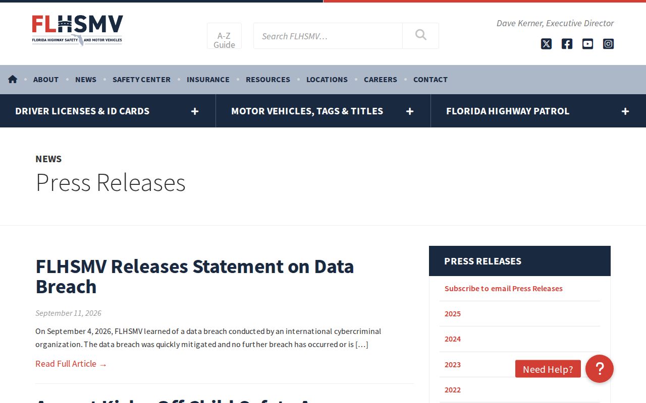 Florida FLHSMV press release index used to find selected FHP arrest announcements