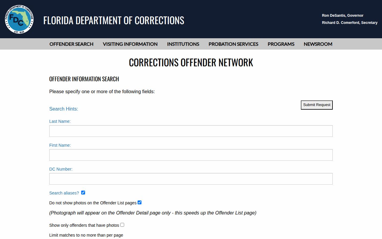 Florida Department of Corrections offender search form for state custody and supervision