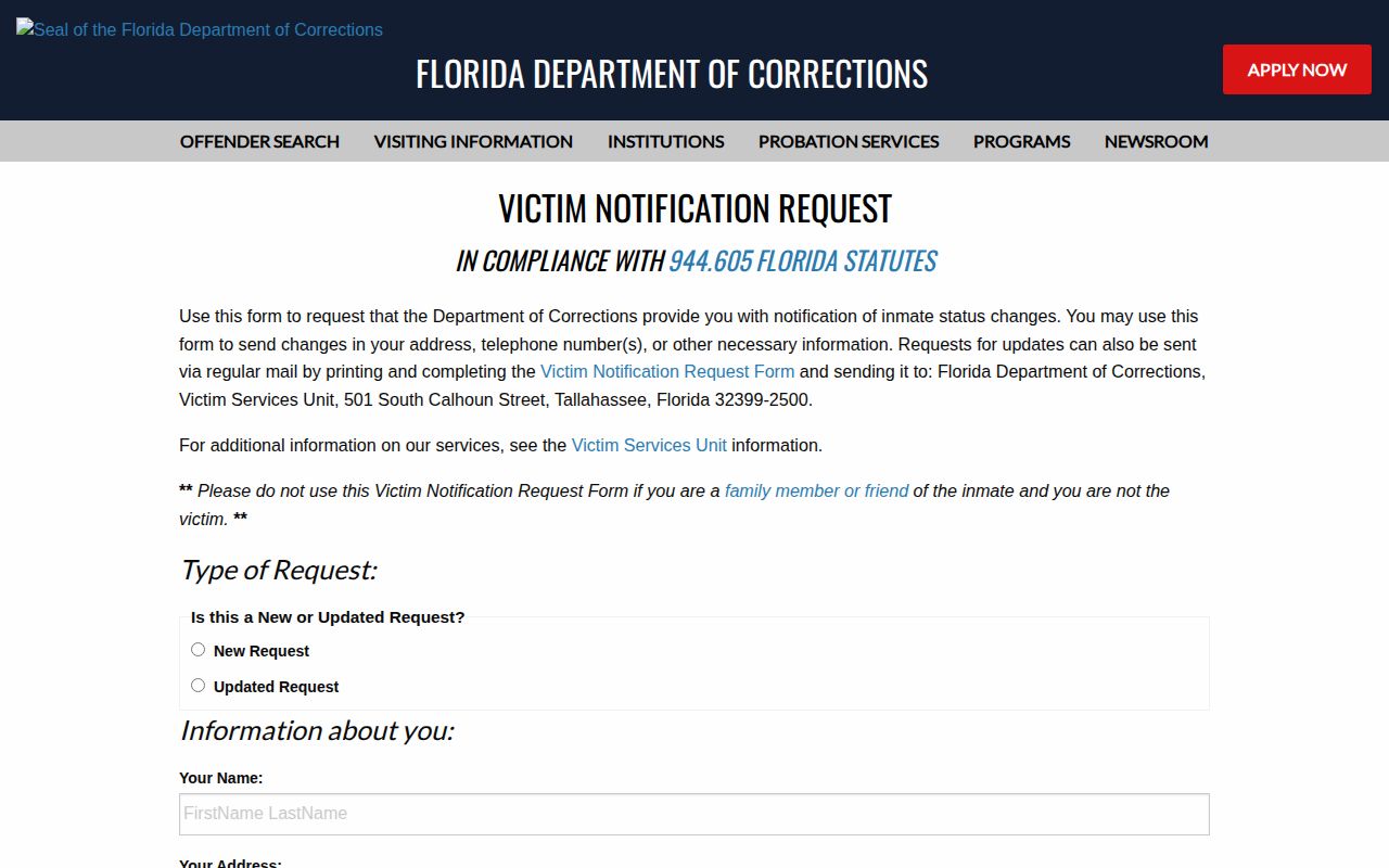 Florida Department of Corrections victim notification and VINE instructions