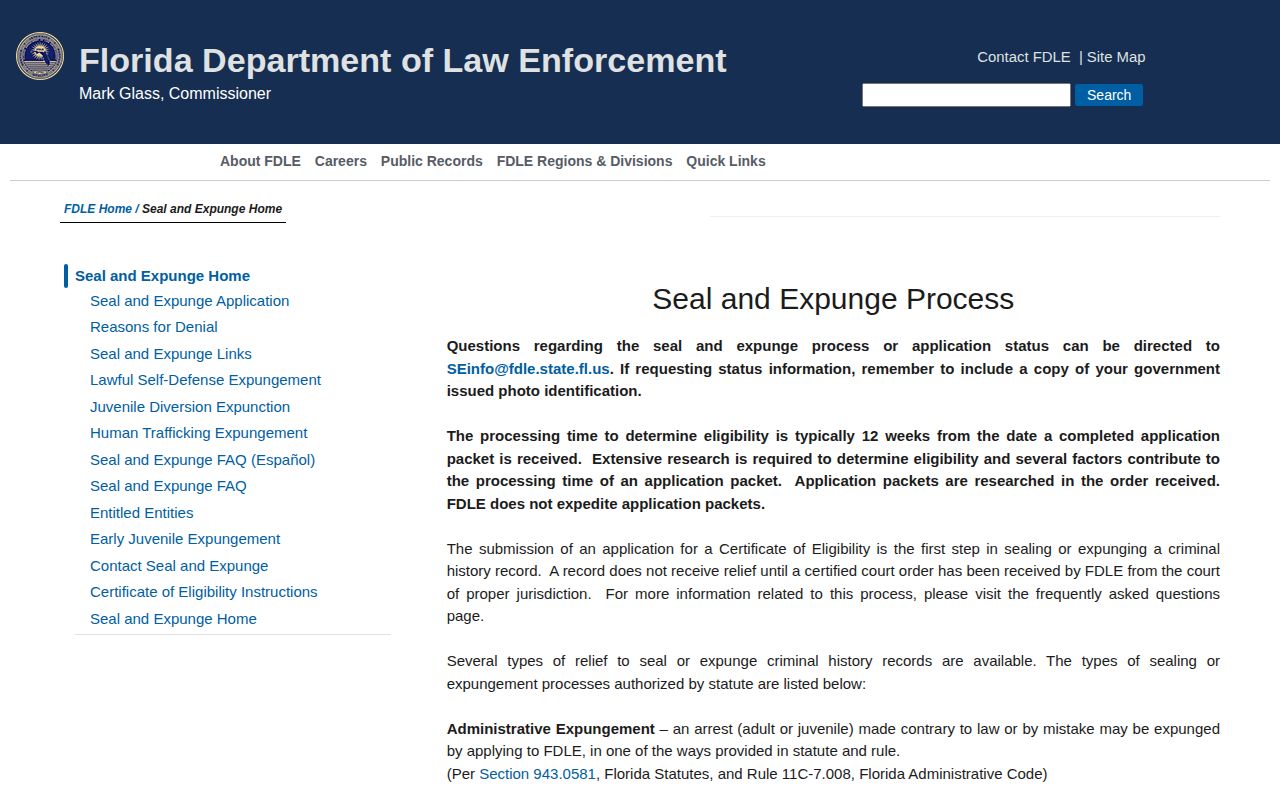 Florida FDLE certificate process for sealing or expunging arrest records