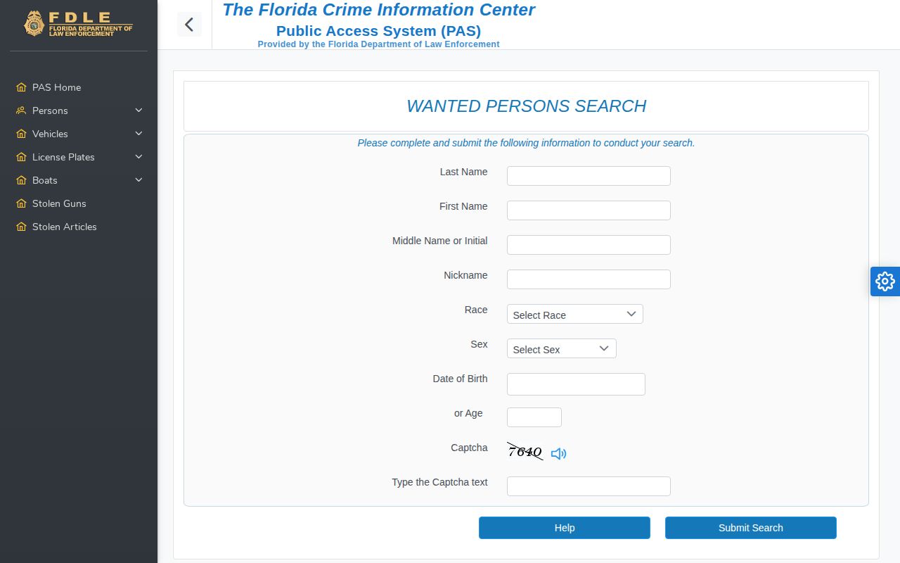Florida FDLE wanted-person search form for official warrant and wanted-list checks