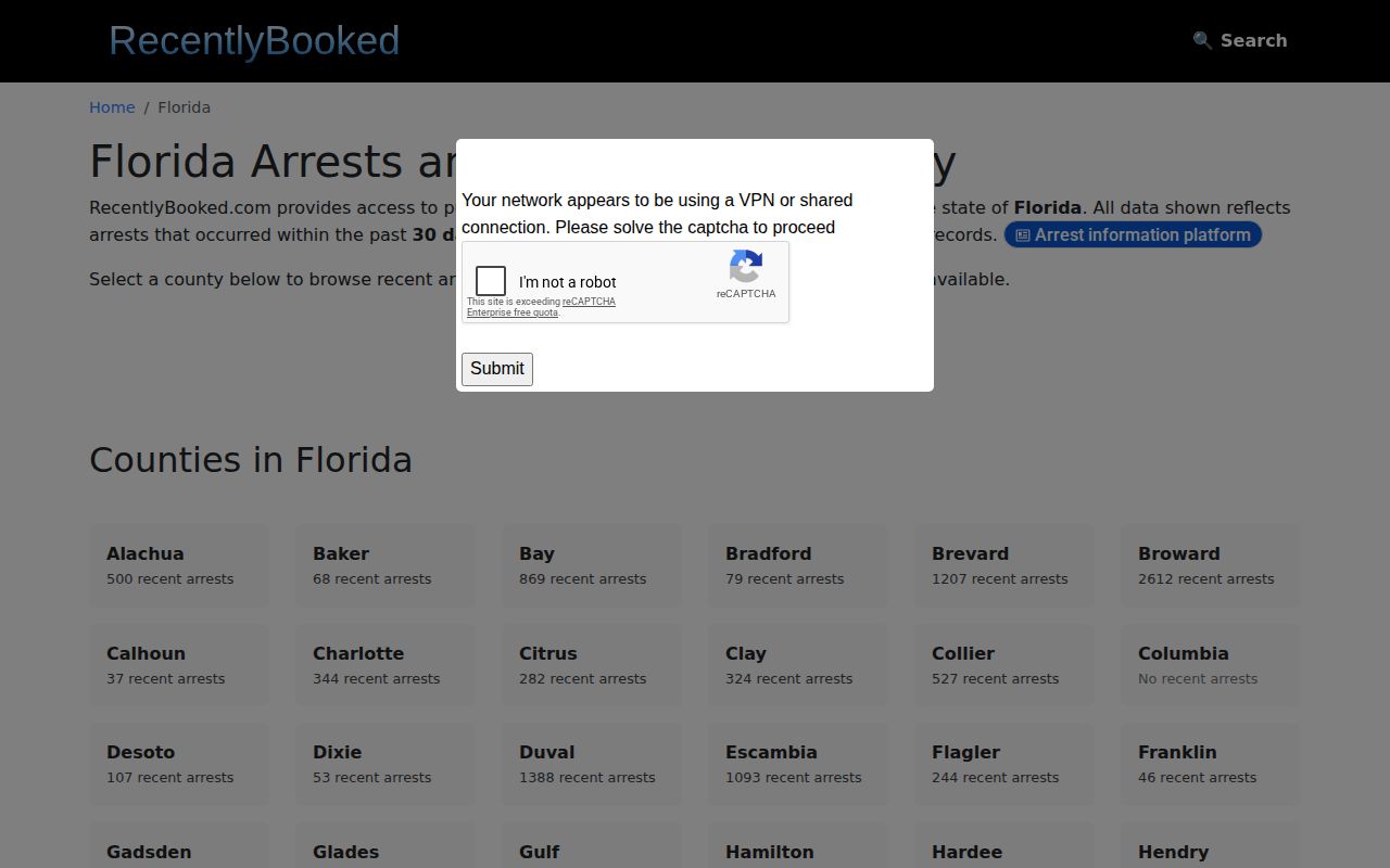 Unofficial Florida booking coverage landing page from RecentlyBooked