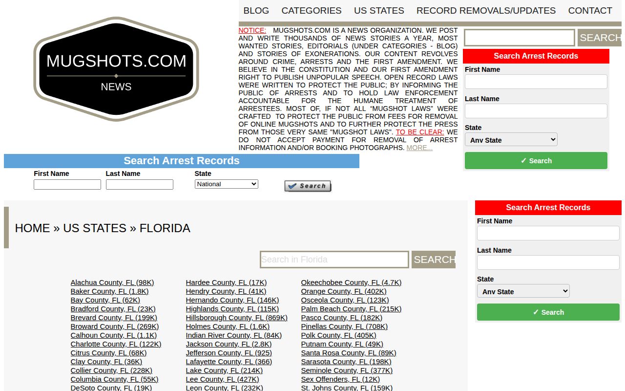Unofficial Florida county booking-photo coverage page from Mugshots.com