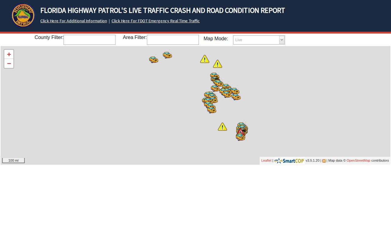 Florida Highway Patrol live traffic incident screen with county and roadway event information