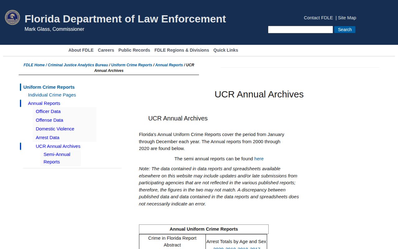 Florida FDLE statewide and county historical arrest statistics archive