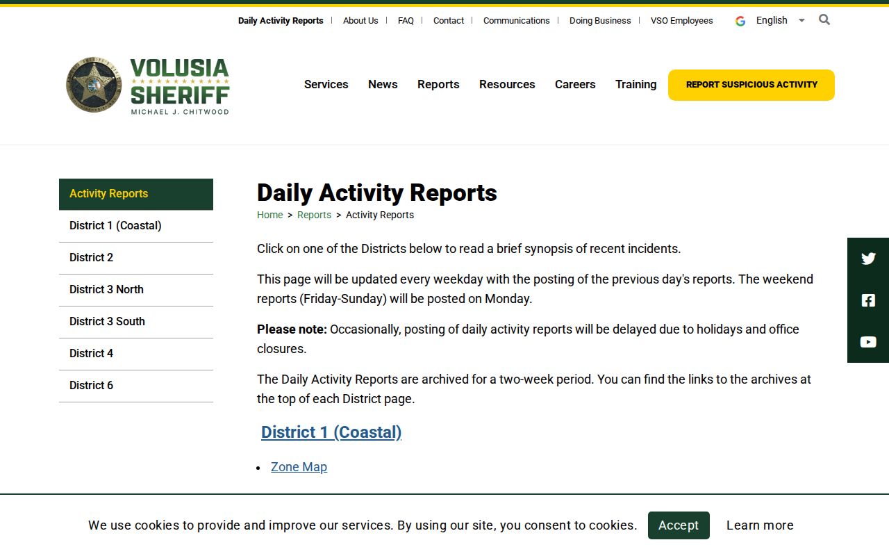 Florida Volusia County Sheriff multi-day district activity reports
