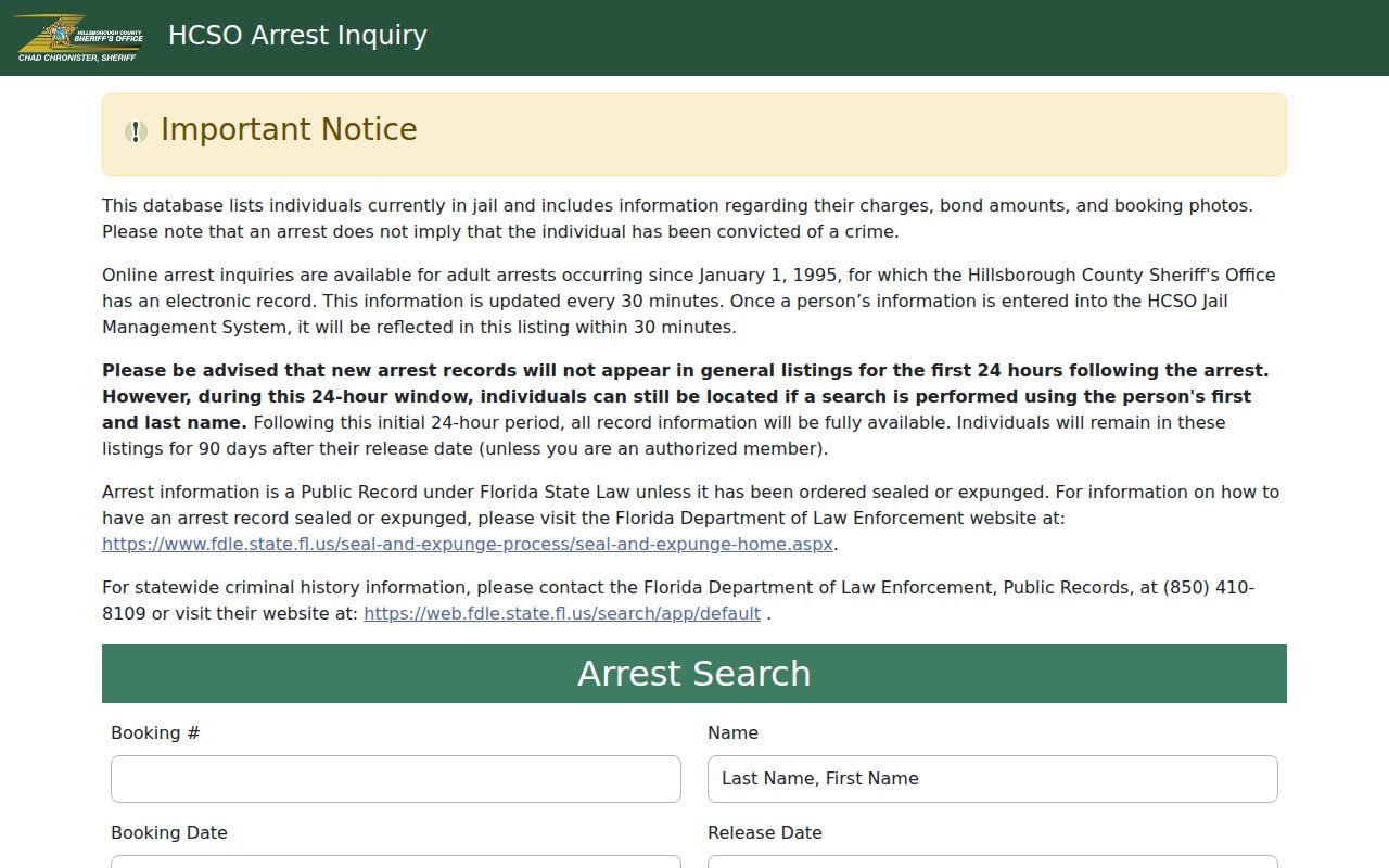 Florida recent arrest search form on the Hillsborough County Sheriff official booking interface