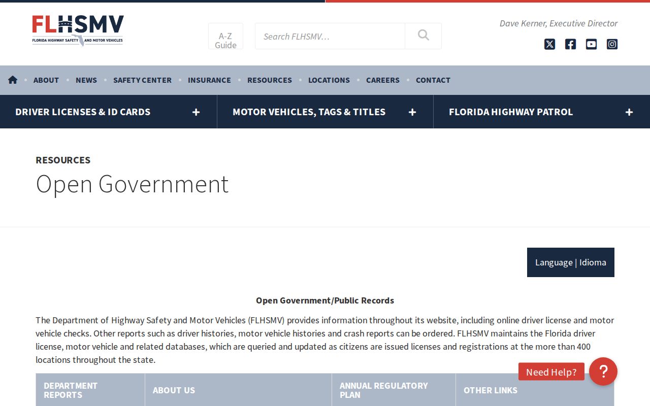 Florida FLHSMV Open Government page for public records and FHP arrest report requests