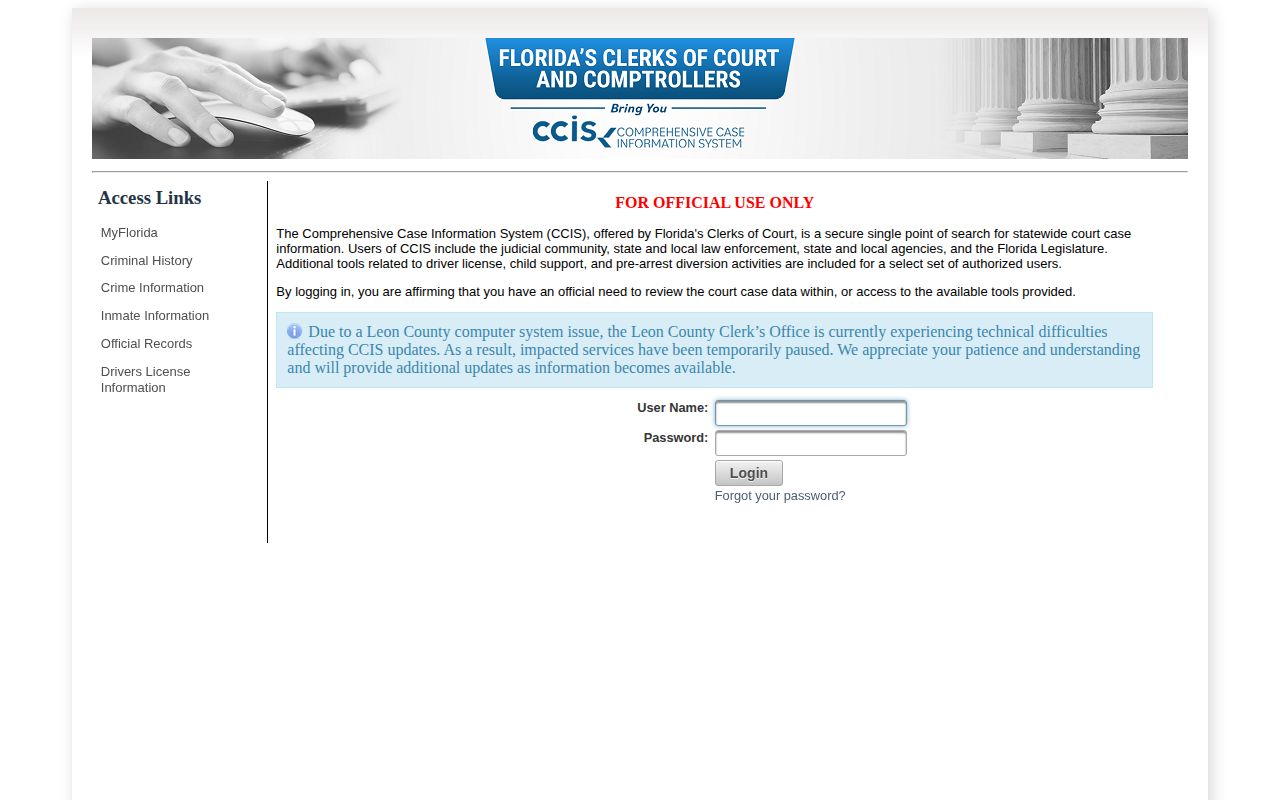 Florida statewide court case information search landing page for arrest case follow-up