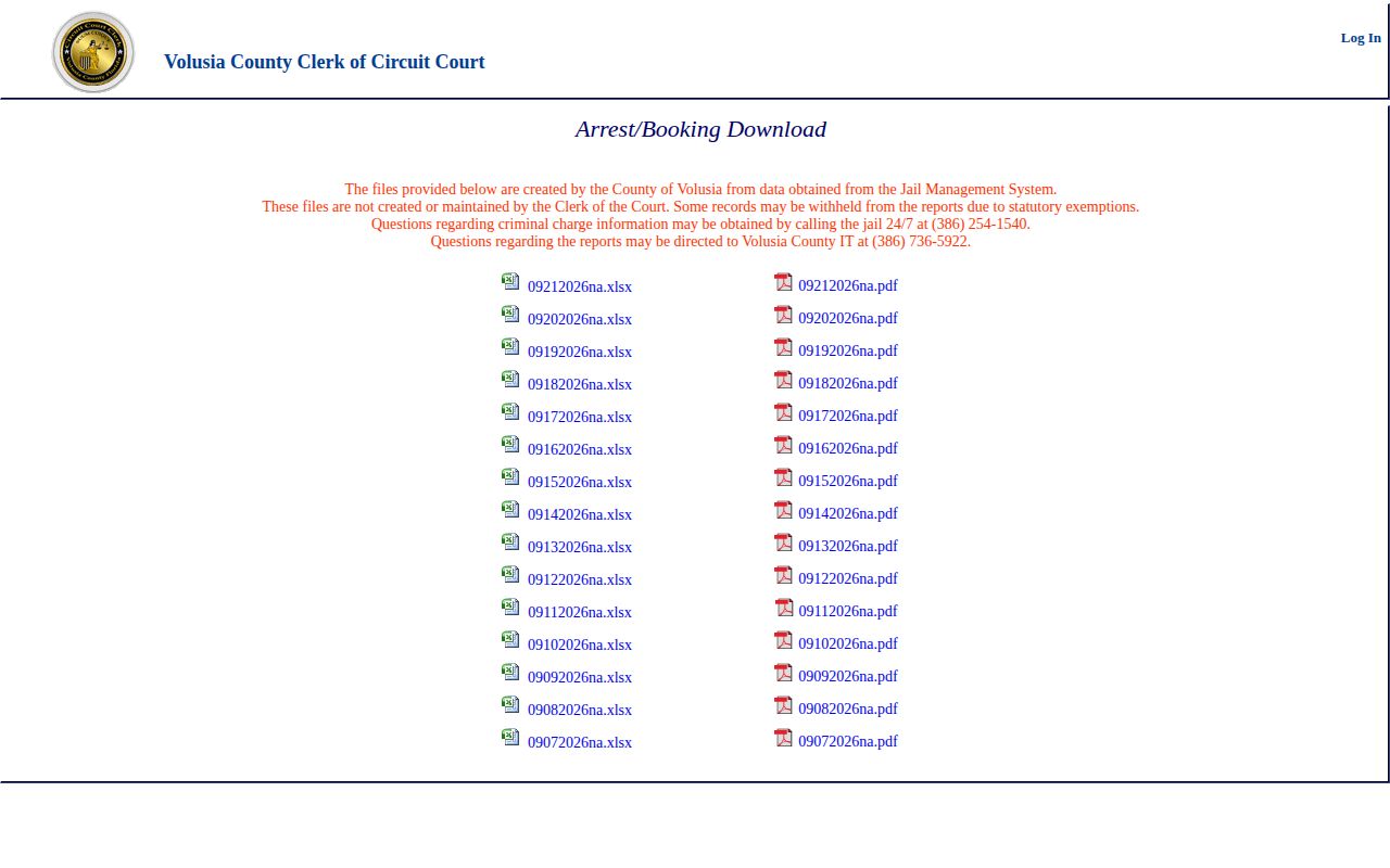 Florida daily arrest and booking inquiry interface from the Volusia County Clerk