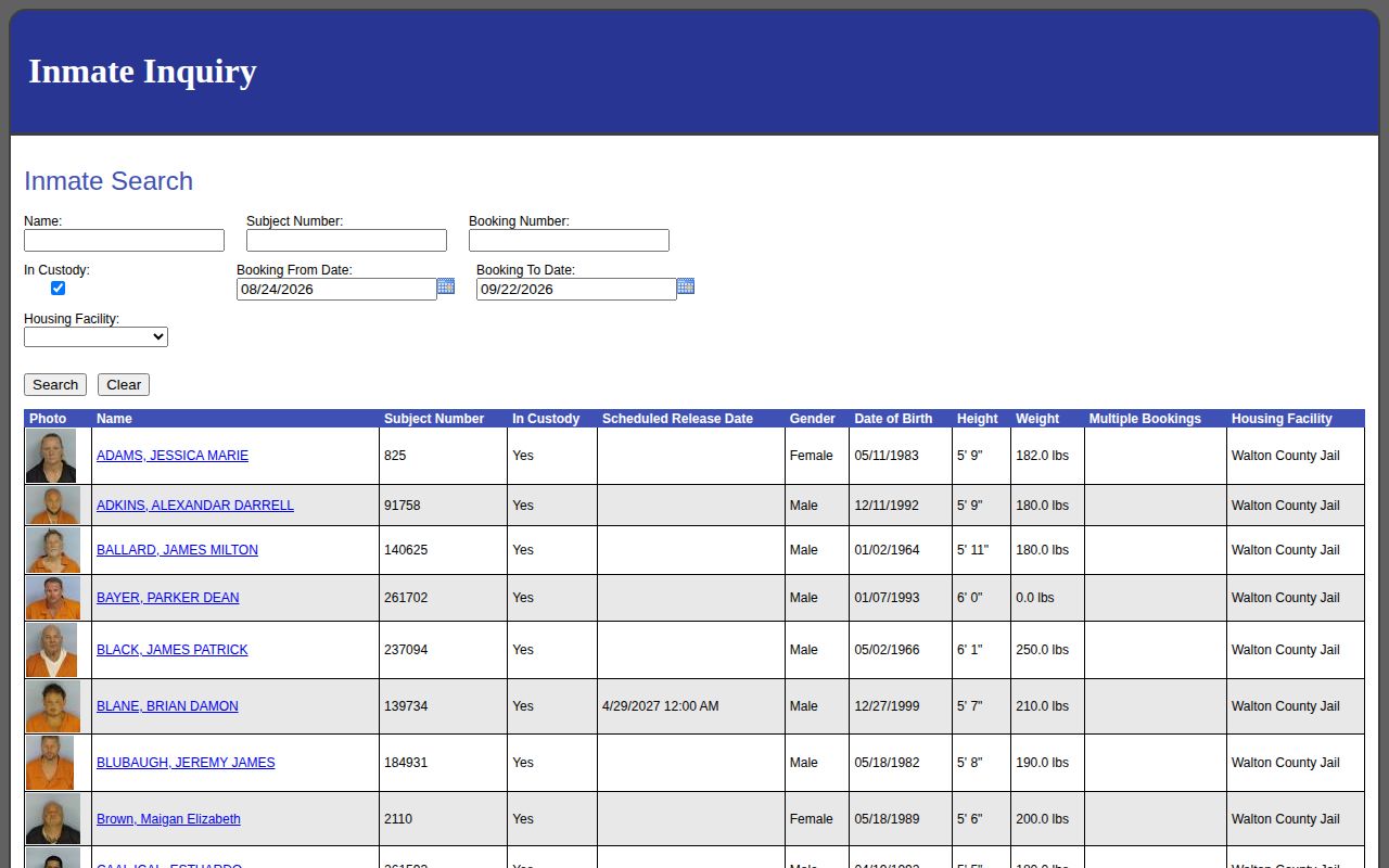 Florida Walton County current custody inmate inquiry and booking search